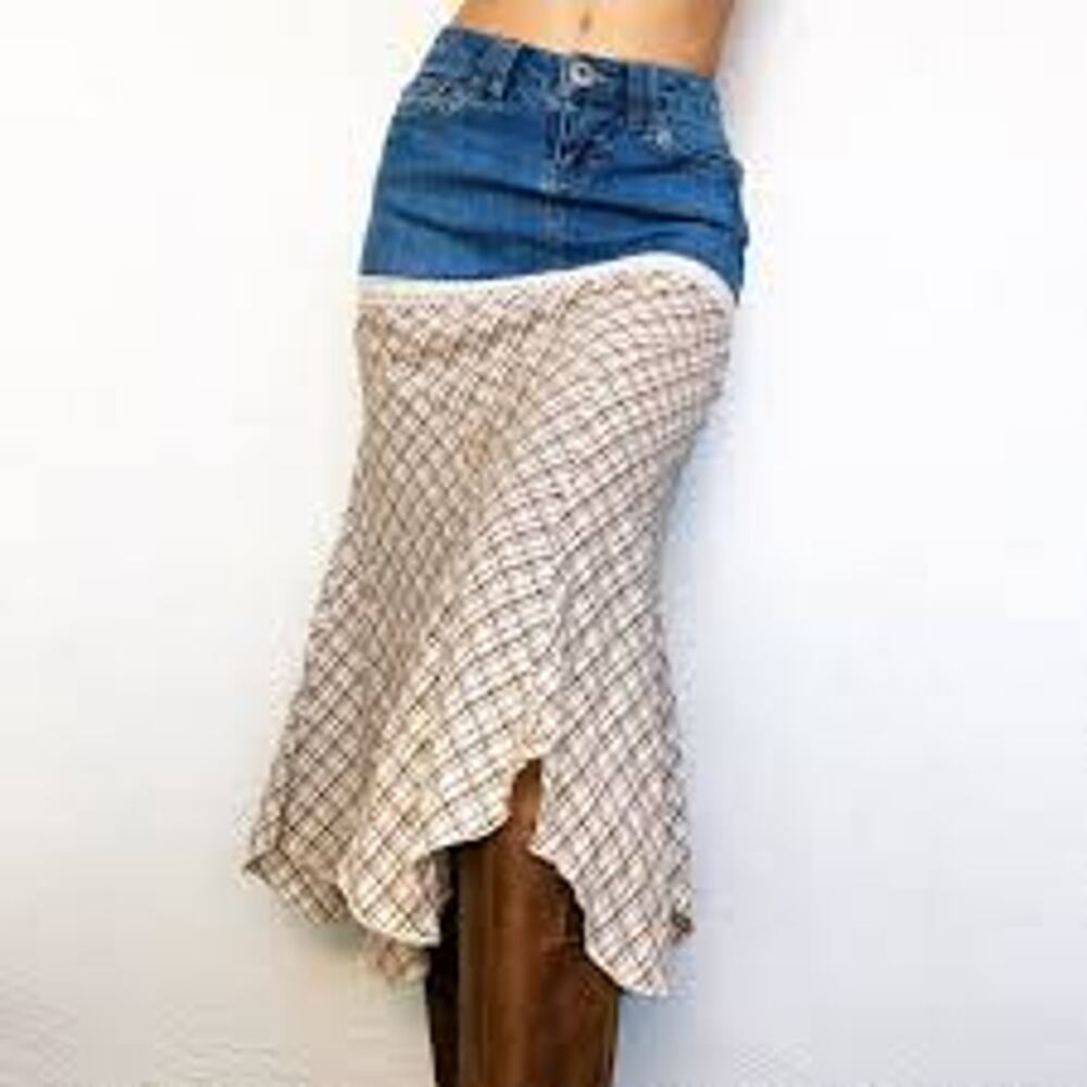 Vtg Y2K Candie's Denim Plaid Asymmetrical Lace Trim Handkerchief Midi Skirt